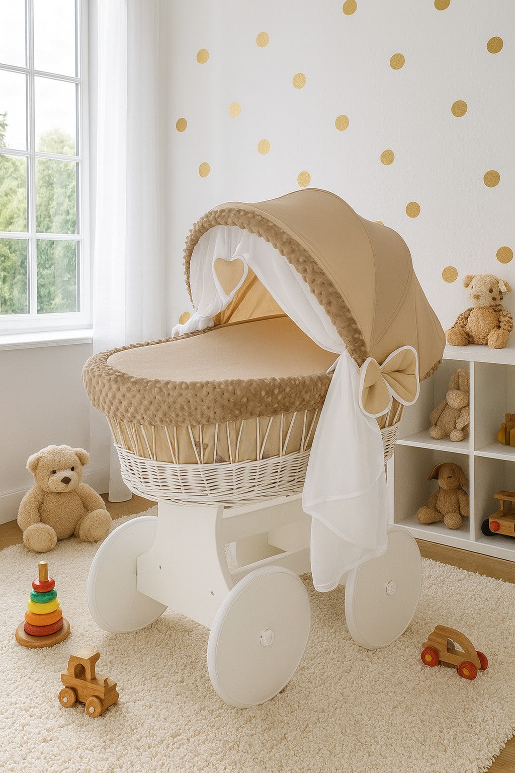 White Wicker Moses Basket Hood Wheels Baby Beige by MyHappy Baby
