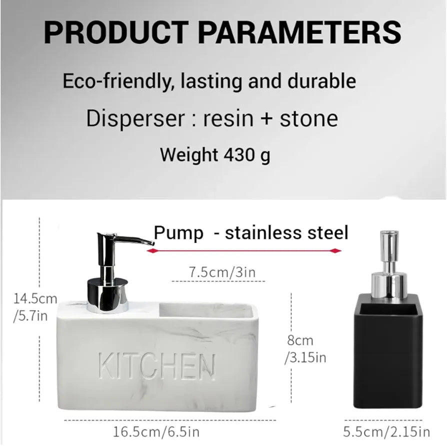 Premium Dish Soap Dispenser, Elegant Hand Wash, Washing Up Liquid Dispenser, Sink Soap and Sponge Caddy, 2 in 1 Organizer for Kitchen Sink 