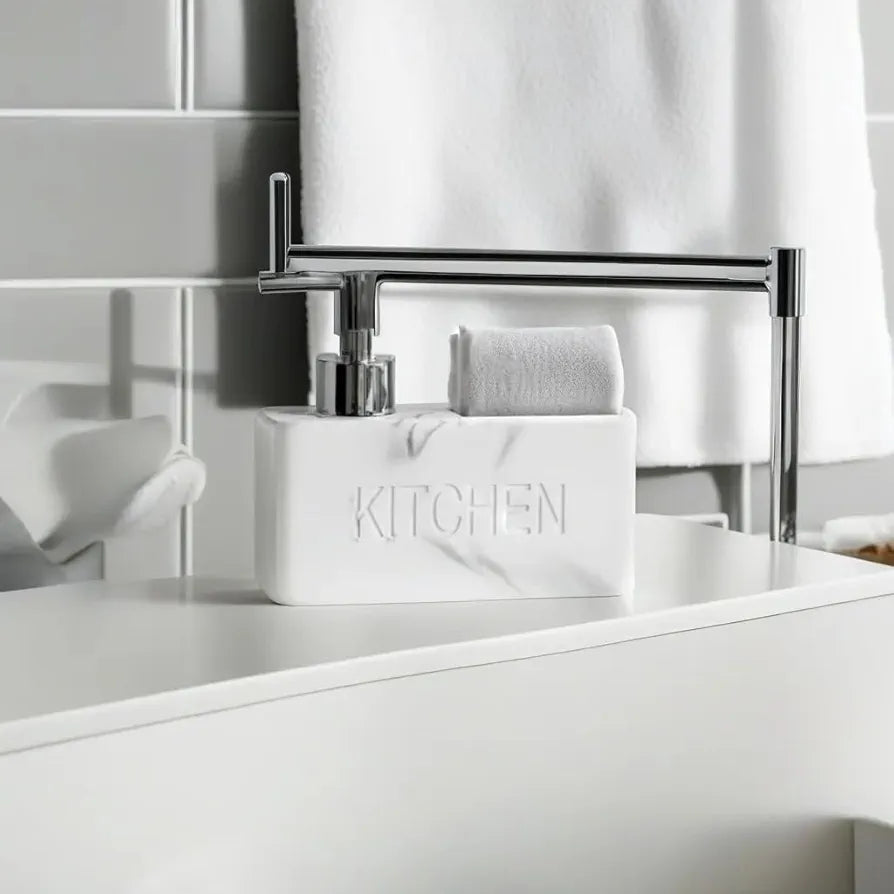 Premium Dish Soap Dispenser, Elegant Hand Wash, Washing Up Liquid Dispenser, Sink Soap and Sponge Caddy, 2 in 1 Organizer for Kitchen Sink 