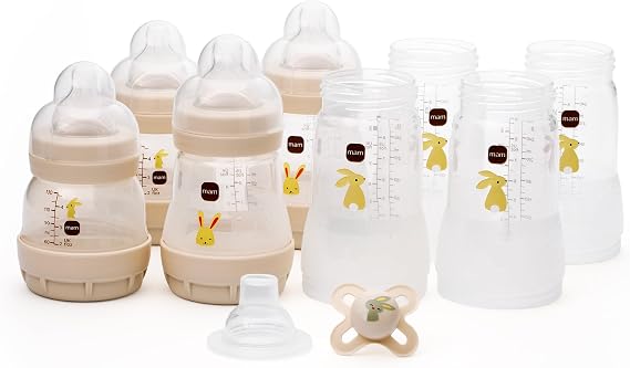 MAM Easy Start Anti-Colic Bottle Starter Set | Includes 4X Feeding Bottles and MAM Original Start 0-2 Month Soother | Self-Sterilising | Baby Gift Set of Newborn Essentials | White (Various Designs) by MAM