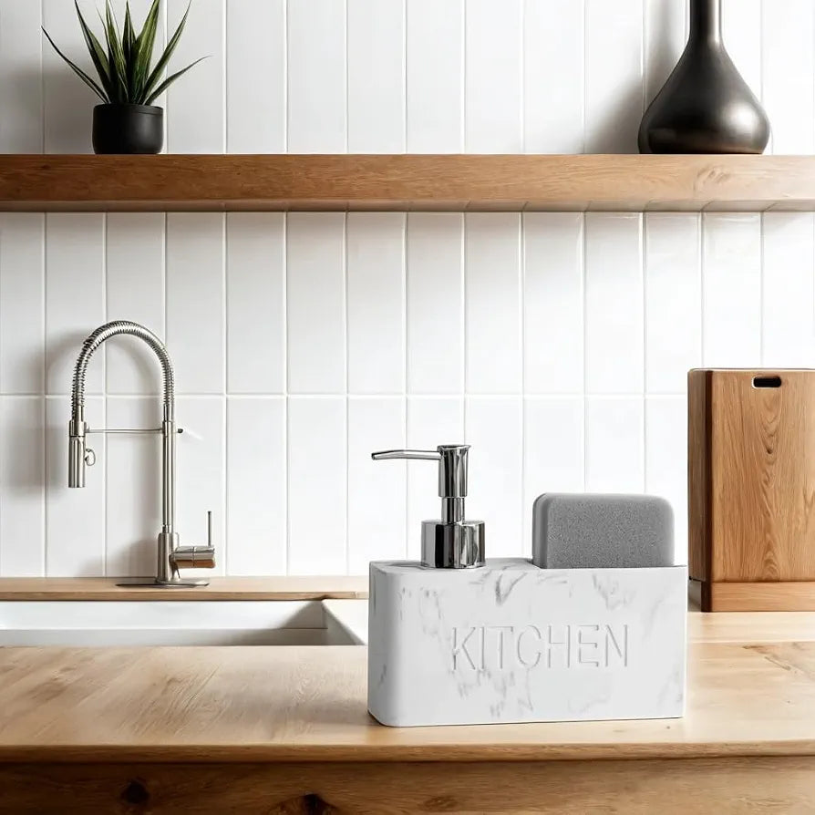 Premium Dish Soap Dispenser, Elegant Hand Wash, Washing Up Liquid Dispenser, Sink Soap and Sponge Caddy, 2 in 1 Organizer for Kitchen Sink 