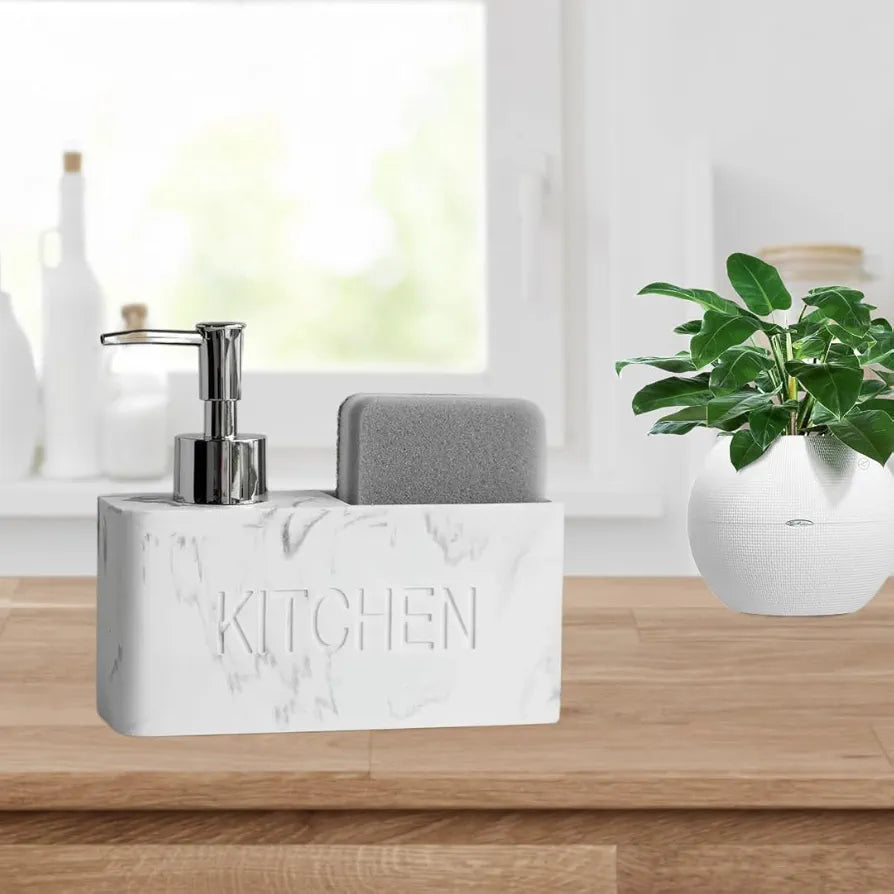 Premium Dish Soap Dispenser, Elegant Hand Wash, Washing Up Liquid Dispenser, Sink Soap and Sponge Caddy, 2 in 1 Organizer for Kitchen Sink 