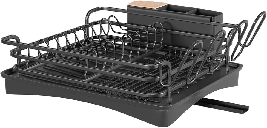 BRIAN & DANY Aluminum Dish Drying Rack, Dish Drainer with Removable Cutlery Holder & Cup Holder, Unique 360° Swivel Spout Drain Board, Black