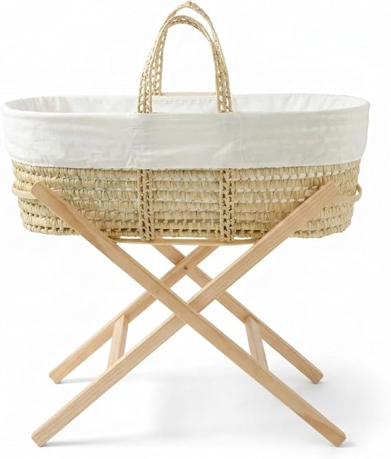 Clair de Lune Scandi Palm Moses Basket with Natural Folding Stand 74 x 30 cm (White) by Clair de Lune