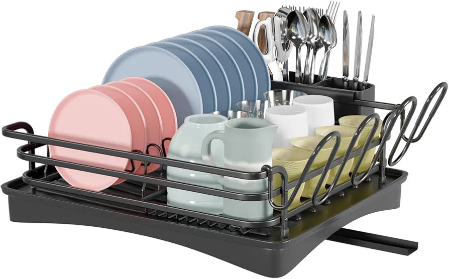 BRIAN & DANY Aluminum Dish Drying Rack, Dish Drainer with Removable Cutlery Holder & Cup Holder, Unique 360° Swivel Spout Drain Board, Black