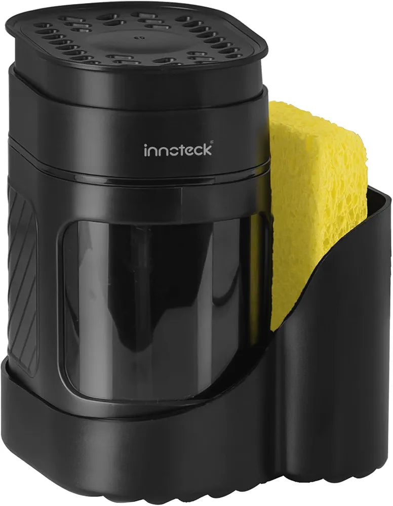 Innoteck Kitchen Sink Organiser with 3-in-1 Soap Dispenser, Sponge Holder & Sink Caddy – Dual Dish Soap & Hand Wash Dispenser, Press Pump Sponge Tray, Compact Countertop Kitchen Tidy, Black