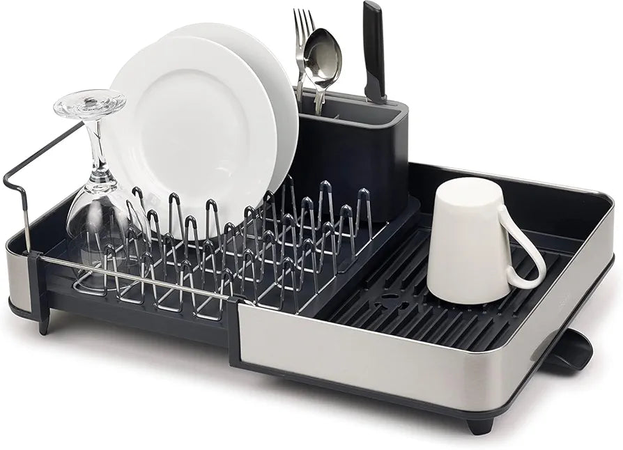 Joseph Joseph extend steel expandable dish drainer rack with removable cutlery holder swivel draining spout - grey/steel, 4