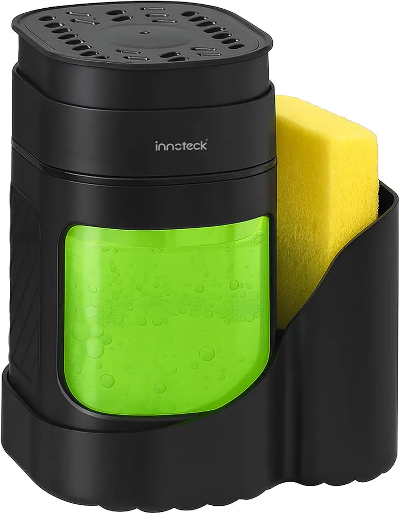 Innoteck Kitchen Sink Organiser with 3-in-1 Soap Dispenser, Sponge Holder & Sink Caddy – Dual Dish Soap & Hand Wash Dispenser, Press Pump Sponge Tray, Compact Countertop Kitchen Tidy, Black