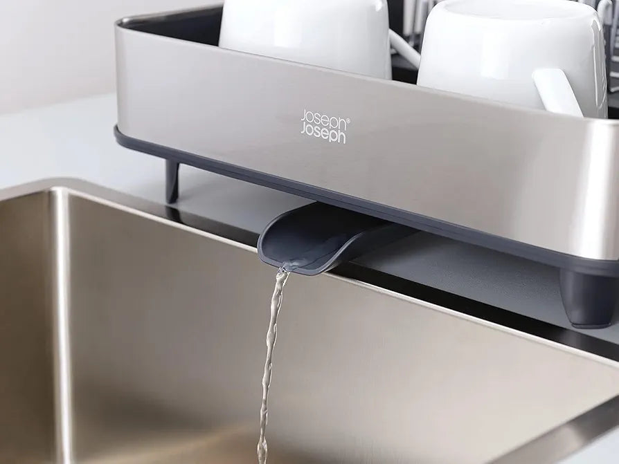 Joseph Joseph extend steel expandable dish drainer rack with removable cutlery holder swivel draining spout - grey/steel, 4