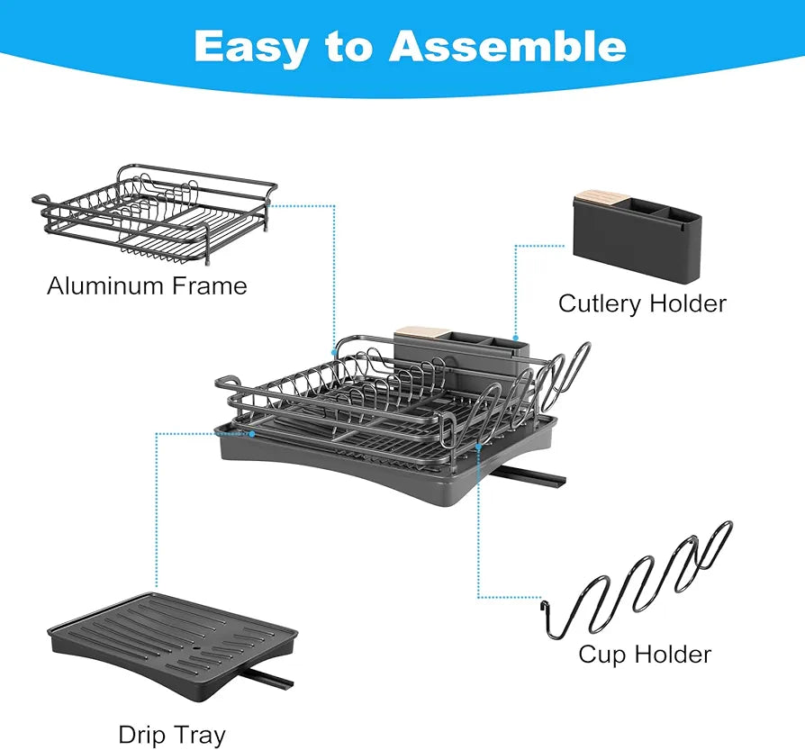 BRIAN & DANY Aluminum Dish Drying Rack, Dish Drainer with Removable Cutlery Holder & Cup Holder, Unique 360° Swivel Spout Drain Board, Black