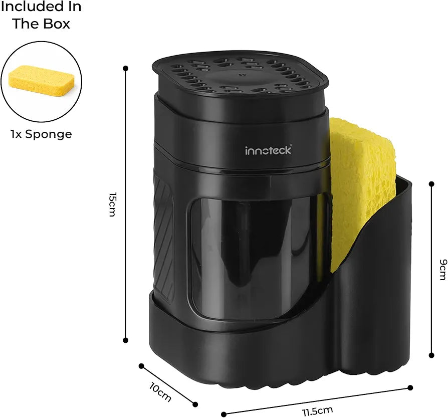 Innoteck Kitchen Sink Organiser with 3-in-1 Soap Dispenser, Sponge Holder & Sink Caddy – Dual Dish Soap & Hand Wash Dispenser, Press Pump Sponge Tray, Compact Countertop Kitchen Tidy, Black