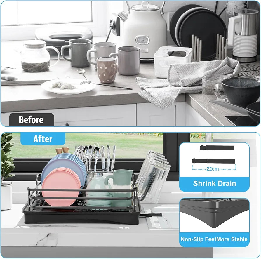 BRIAN & DANY Aluminum Dish Drying Rack, Dish Drainer with Removable Cutlery Holder & Cup Holder, Unique 360° Swivel Spout Drain Board, Black