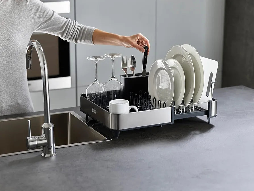 Joseph Joseph extend steel expandable dish drainer rack with removable cutlery holder swivel draining spout - grey/steel, 4