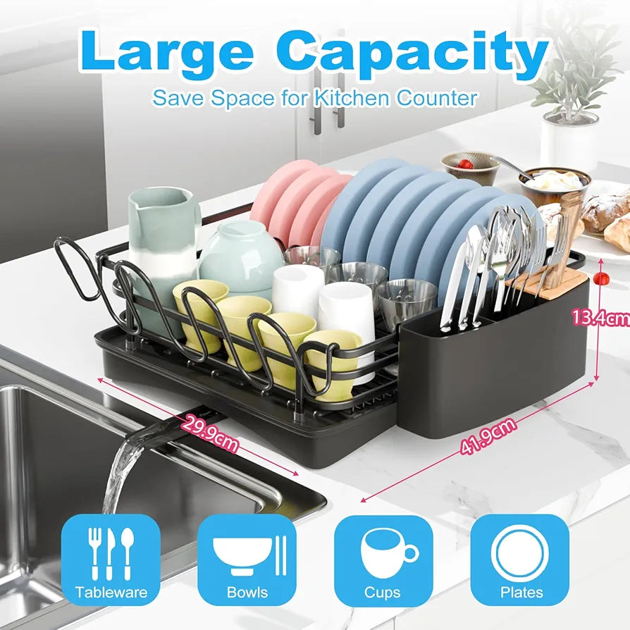 BRIAN & DANY Aluminum Dish Drying Rack, Dish Drainer with Removable Cutlery Holder & Cup Holder, Unique 360° Swivel Spout Drain Board, Black