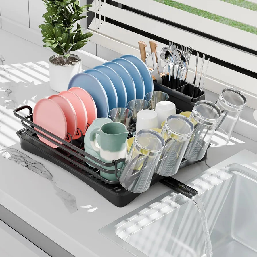 BRIAN & DANY Aluminum Dish Drying Rack, Dish Drainer with Removable Cutlery Holder & Cup Holder, Unique 360° Swivel Spout Drain Board, Black
