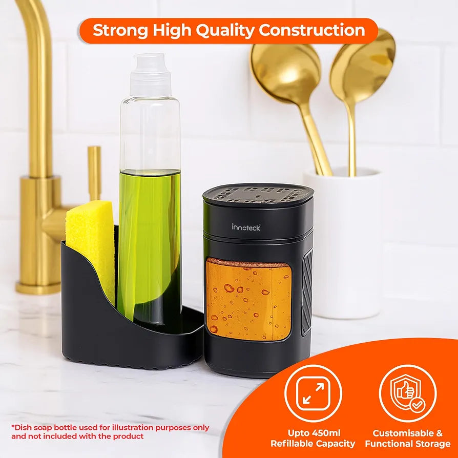 Innoteck Kitchen Sink Organiser with 3-in-1 Soap Dispenser, Sponge Holder & Sink Caddy – Dual Dish Soap & Hand Wash Dispenser, Press Pump Sponge Tray, Compact Countertop Kitchen Tidy, Black