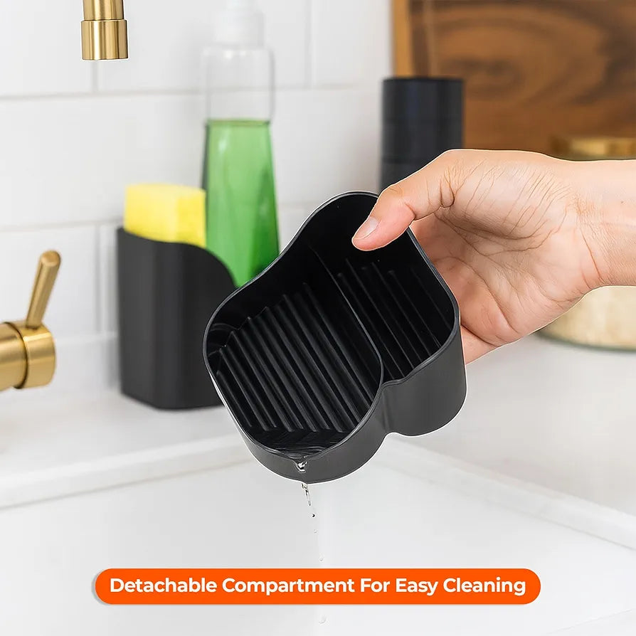 Innoteck Kitchen Sink Organiser with 3-in-1 Soap Dispenser, Sponge Holder & Sink Caddy – Dual Dish Soap & Hand Wash Dispenser, Press Pump Sponge Tray, Compact Countertop Kitchen Tidy, Black