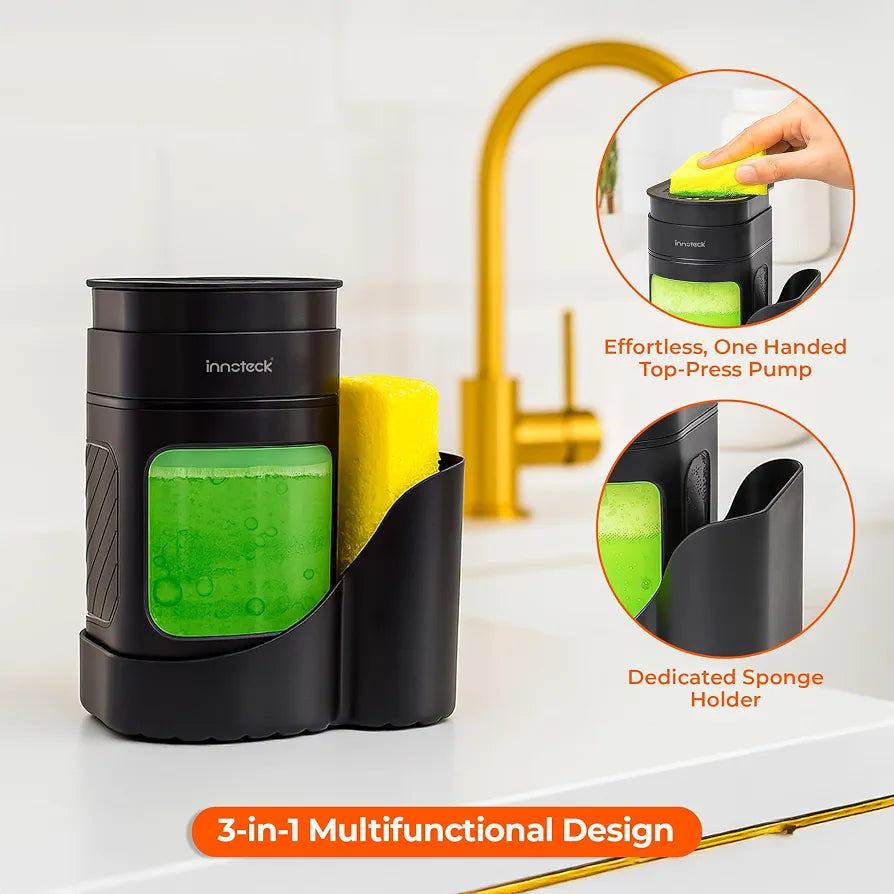 Innoteck Kitchen Sink Organiser with 3-in-1 Soap Dispenser, Sponge Holder & Sink Caddy – Dual Dish Soap & Hand Wash Dispenser, Press Pump Sponge Tray, Compact Countertop Kitchen Tidy, Black