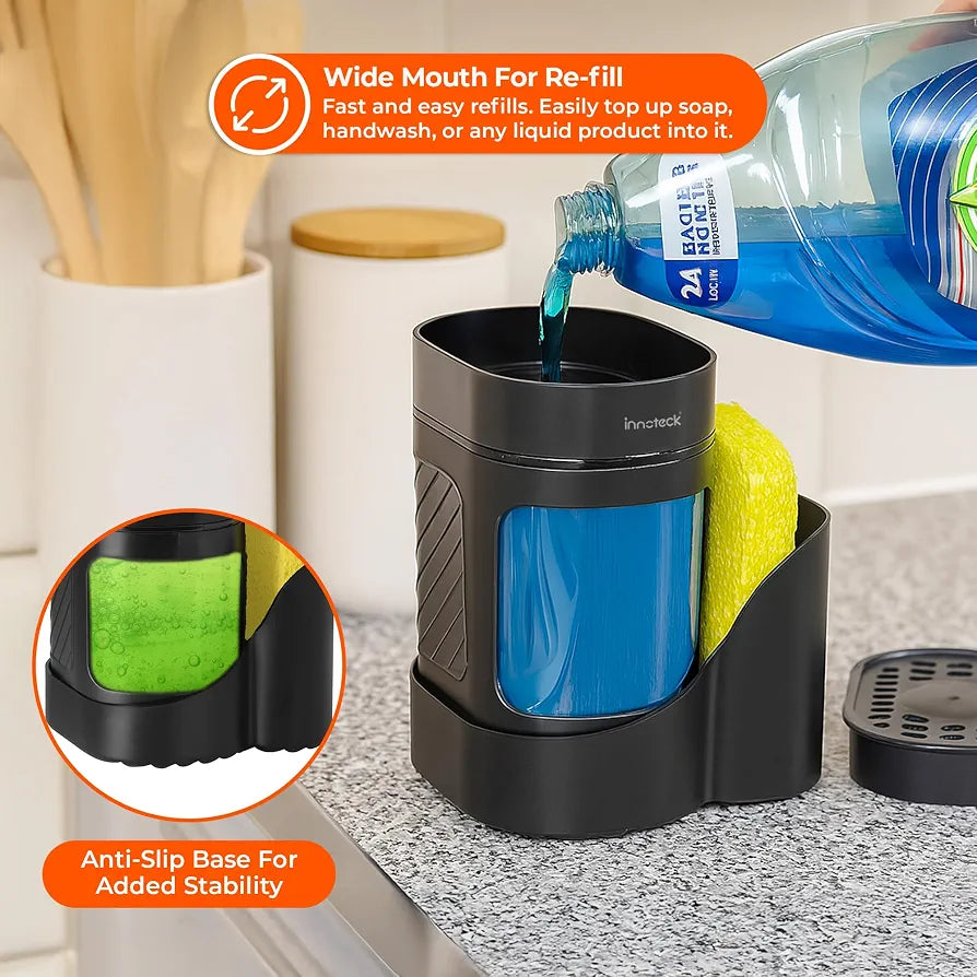 Innoteck Kitchen Sink Organiser with 3-in-1 Soap Dispenser, Sponge Holder & Sink Caddy – Dual Dish Soap & Hand Wash Dispenser, Press Pump Sponge Tray, Compact Countertop Kitchen Tidy, Black
