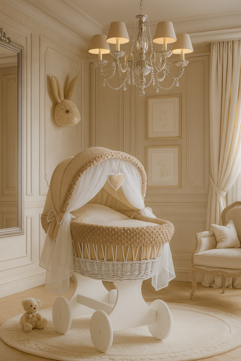 White Wicker Moses Basket Hood Wheels Baby Beige by MyHappy Baby