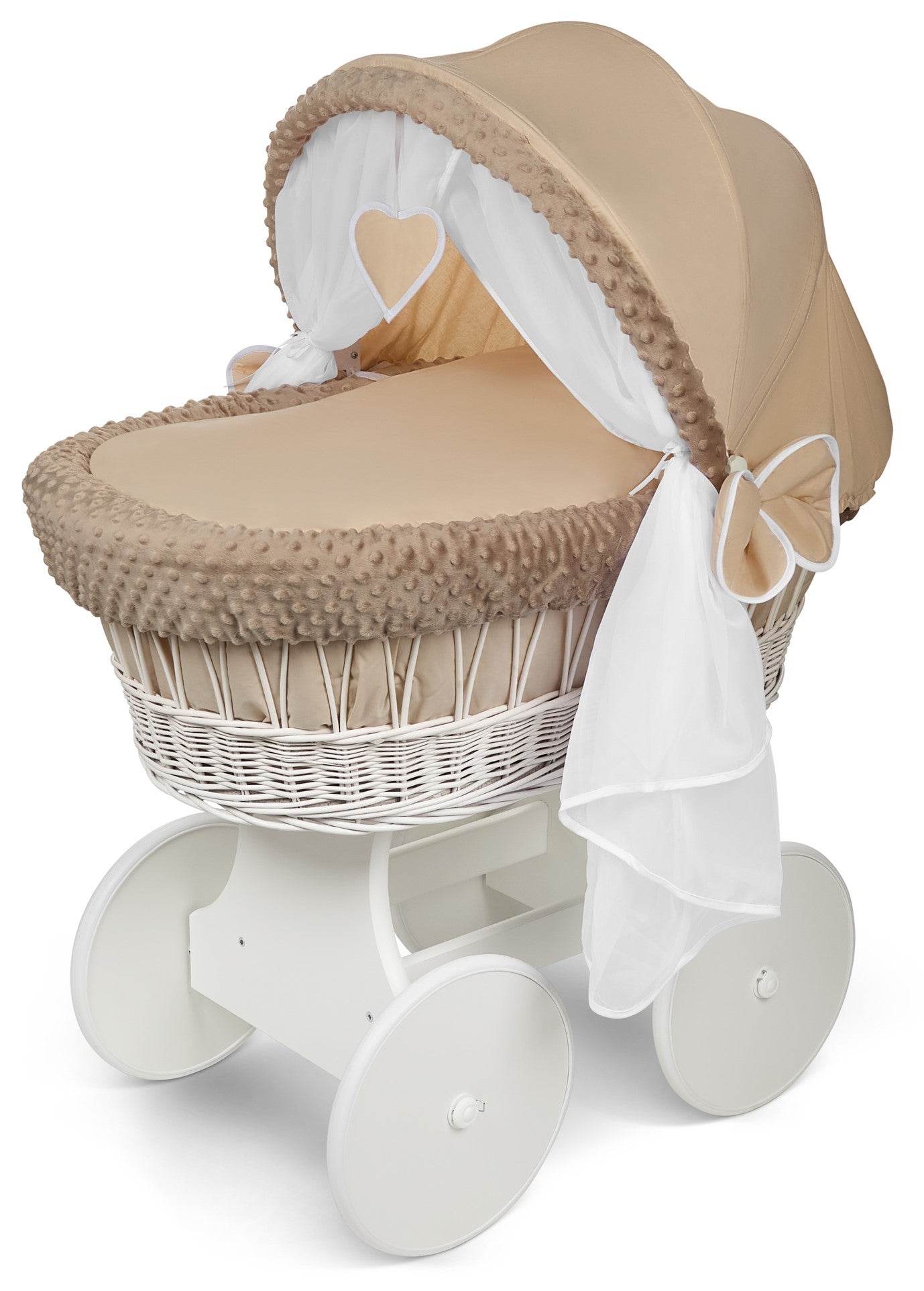 White Wicker Moses Basket Hood Wheels Baby Beige by MyHappy Baby