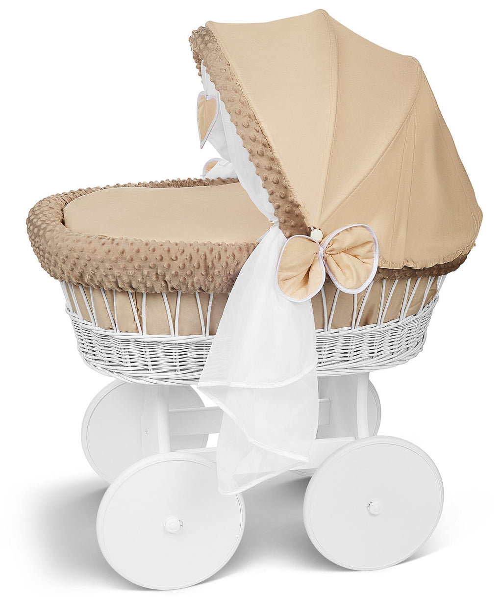 White Wicker Moses Basket Hood Wheels Baby Beige by MyHappy Baby