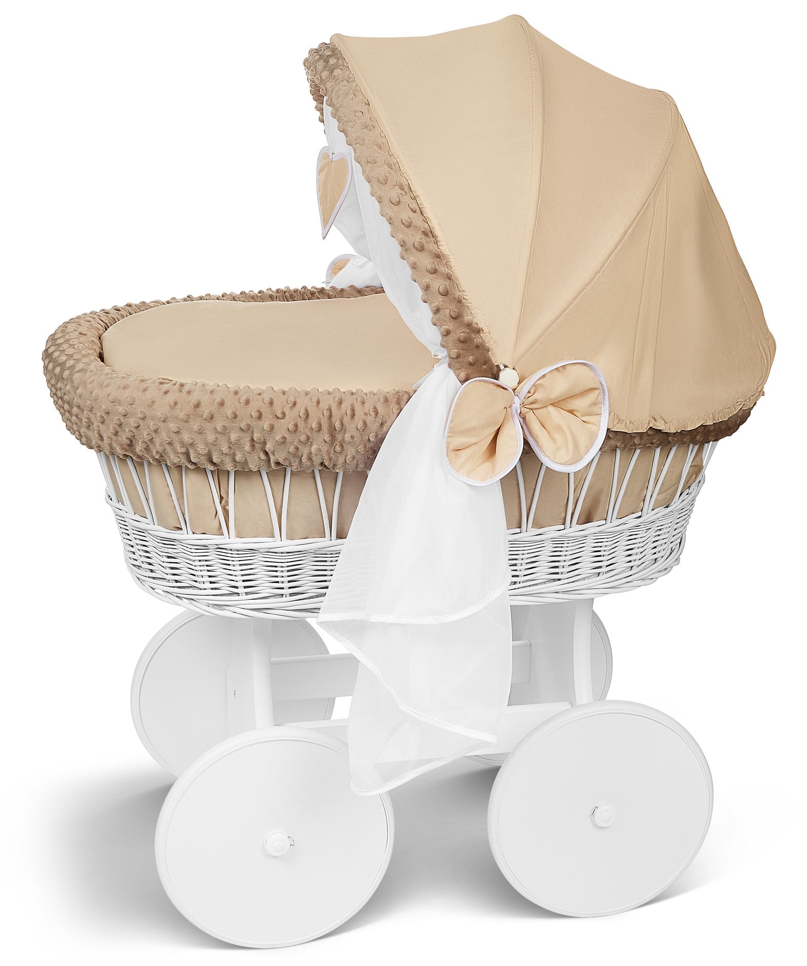 White Wicker Moses Basket Hood Wheels Baby Beige by MyHappy Baby