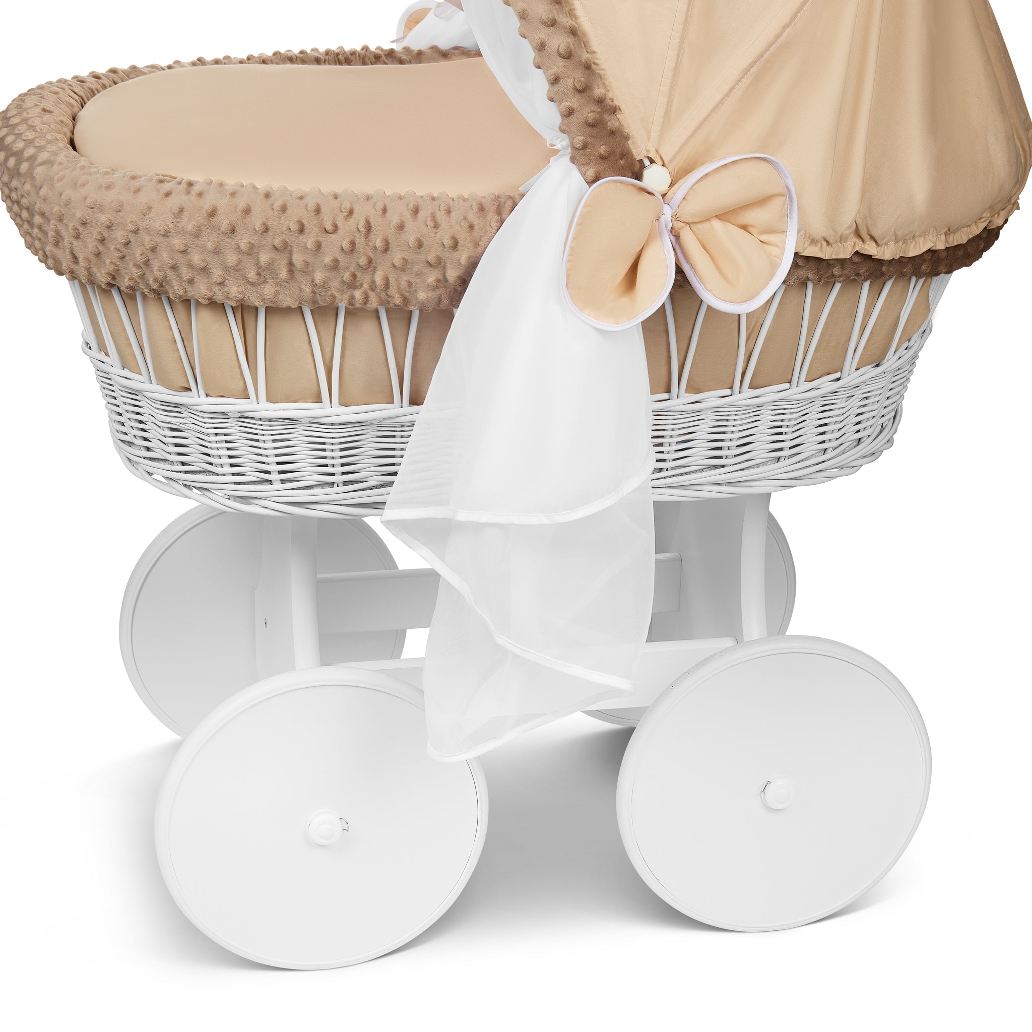 White Wicker Moses Basket Hood Wheels Baby Beige by MyHappy Baby