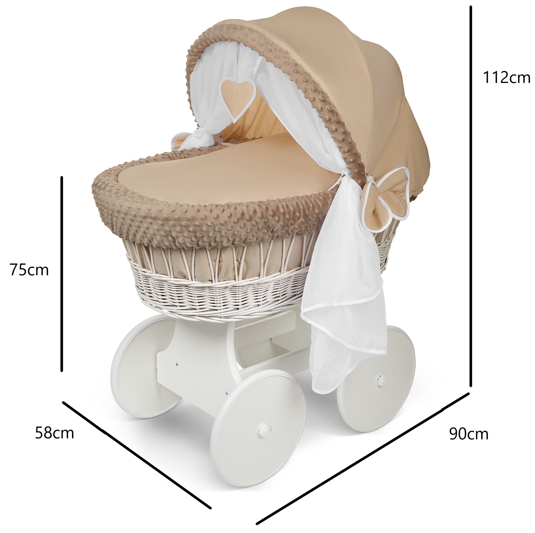 White Wicker Moses Basket Hood Wheels Baby Beige by MyHappy Baby