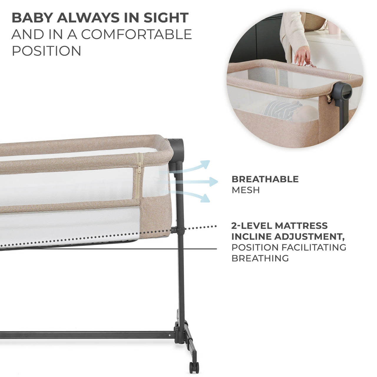 Kinderkraft NESTEE UP 2 Bedside Crib - Beige by Kinderkraft