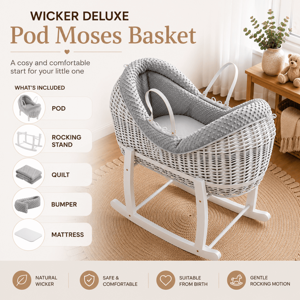 Wicker Deluxe Pod Baby Moses Basket With Stand by For Your Little One