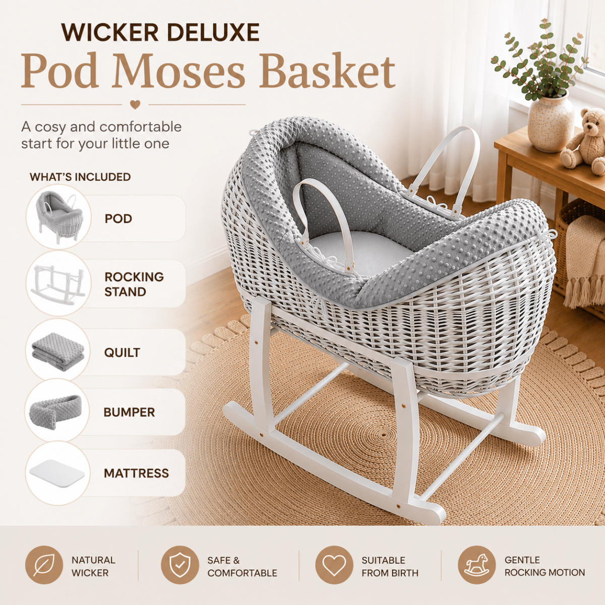 Wicker Deluxe Pod Baby Moses Basket With Stand by For Your Little One